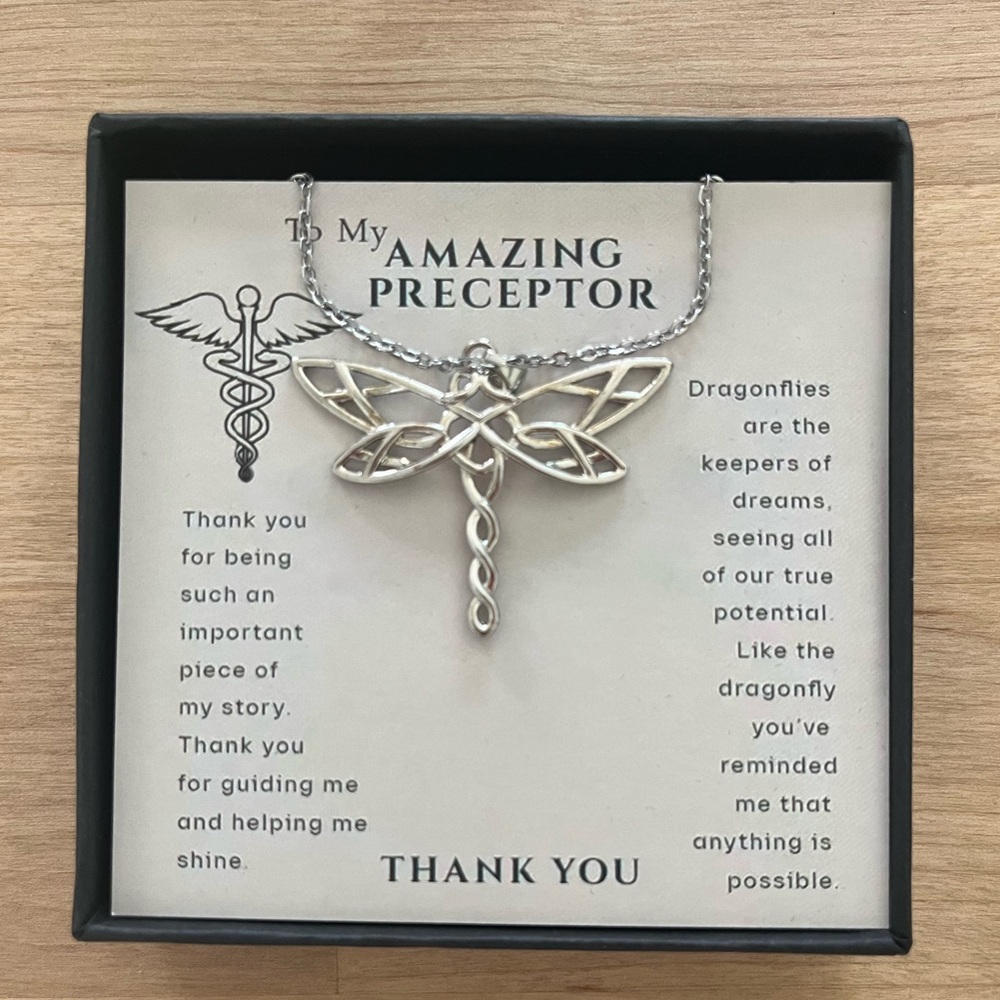 Preceptor gift- silver dragonfly necklace with nice message
